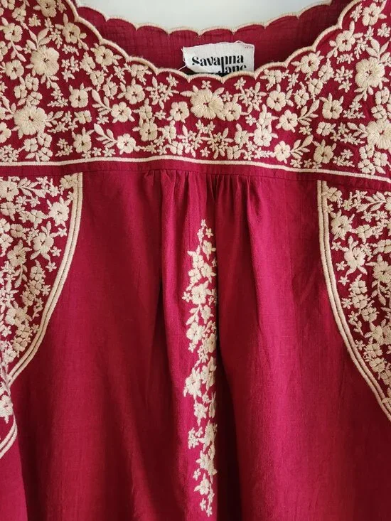 Savanna Jane Red Embroidered Boho Top Small Floral Peasant Blouse - Picture 2 of 6